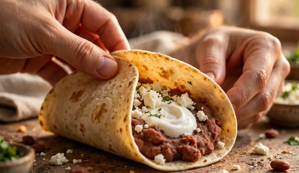 Hands folding a baleada, the national dish of traditional Honduran food