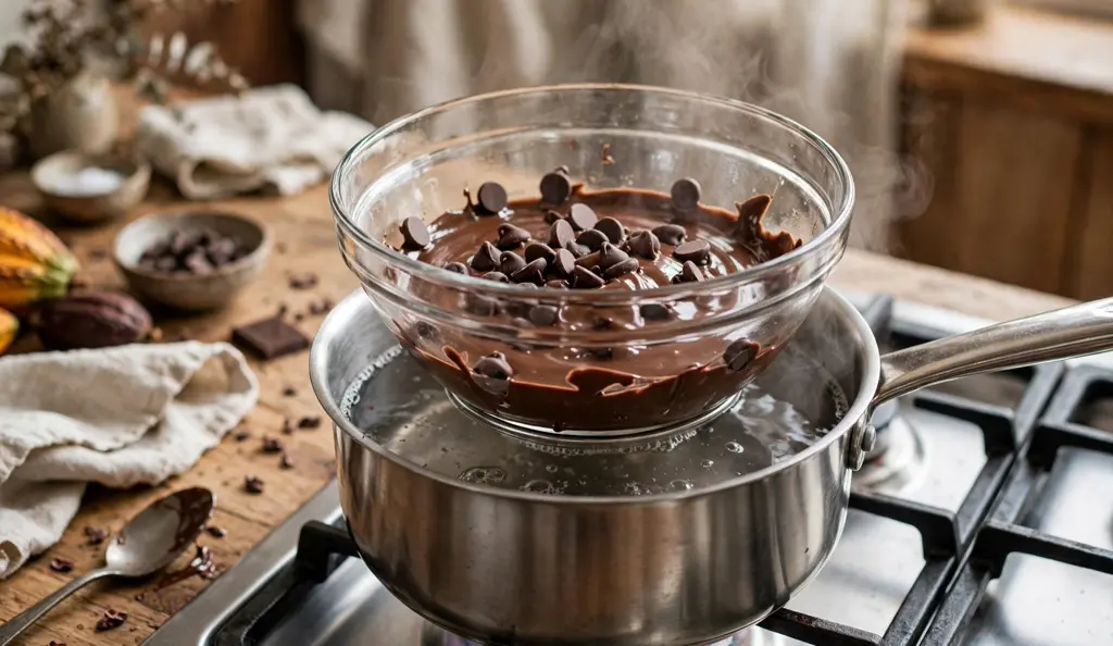 Melting chocolate chips with the double boiler method, a gentle how to melt chocolate technique