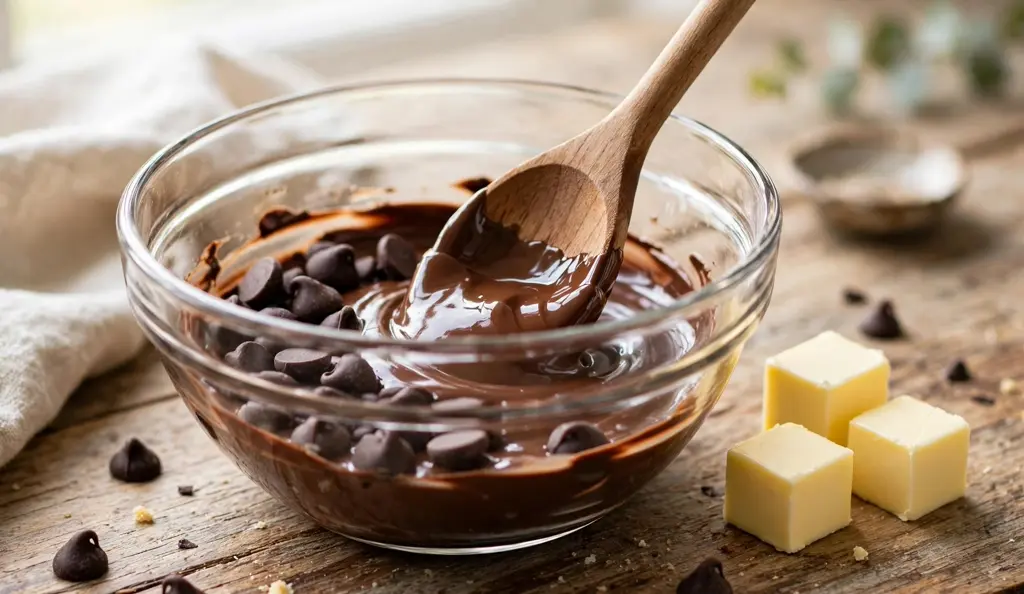 Stirring partially melted chocolate chips in a microwave-safe bowl