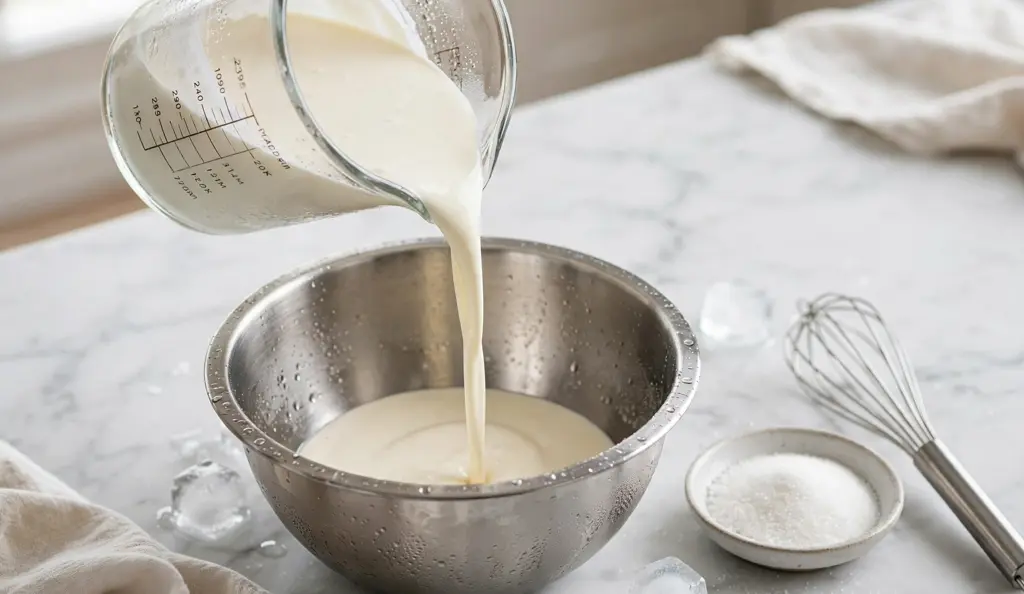 Pouring cold heavy cream into a chilled bowl to make whipped cream