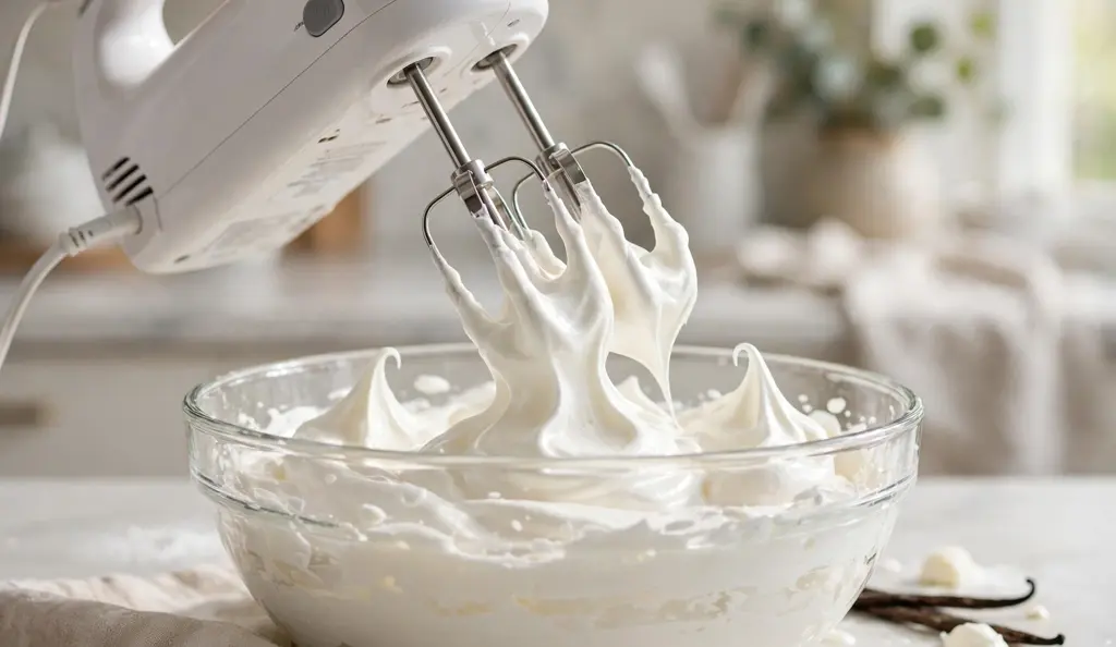 Electric mixer whipping cream to stiff glossy peaks