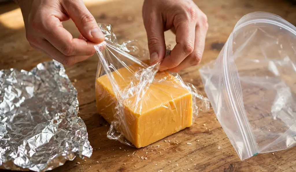 Hands wrapping a block of cheddar in plastic wrap, the first step when you freeze cheese