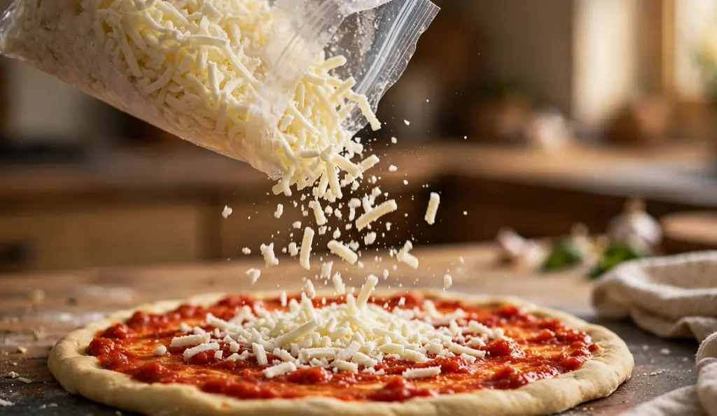 Frozen shredded mozzarella sprinkled from a labeled freezer bag onto a pizza, an easy win when you freeze cheese