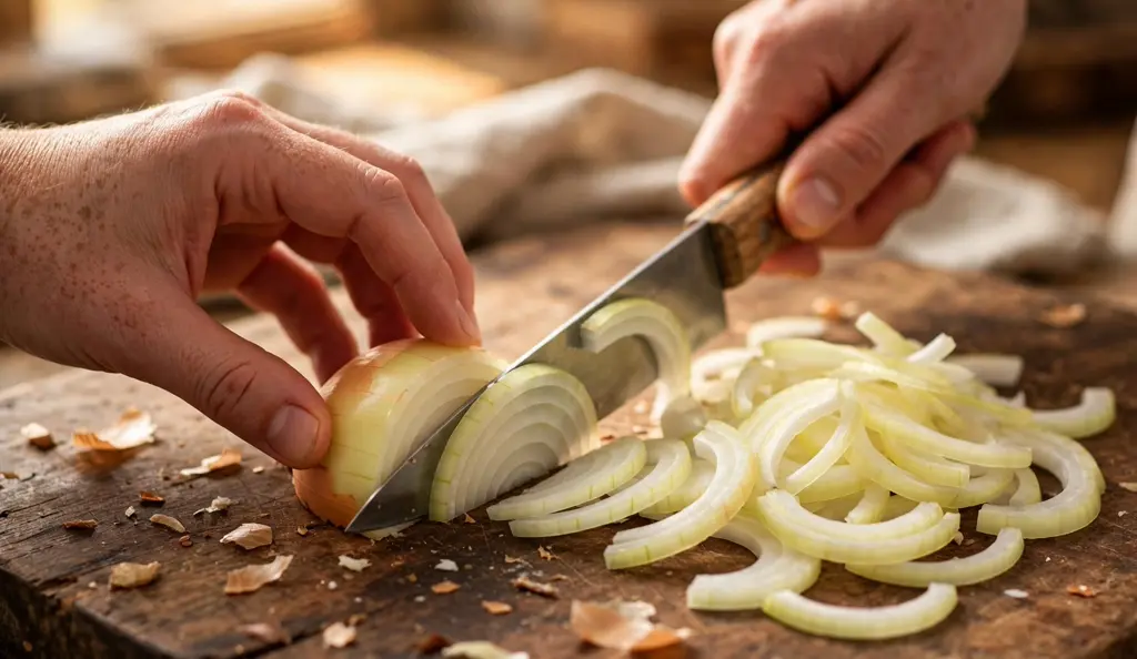 Hands slicing fresh yellow onions into thin even slices, the first step when learning how to caramelize onions