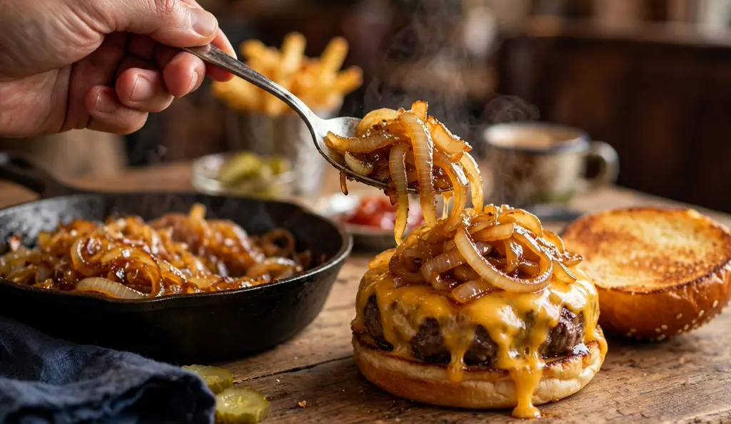 Golden caramelized onions being spooned from a cast iron skillet, the result of learning how to caramelize onions