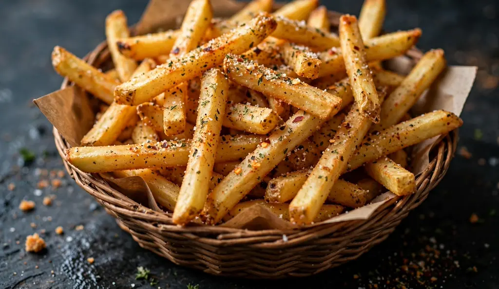 Basket of restaurant-style french fries dusted with seasoning
