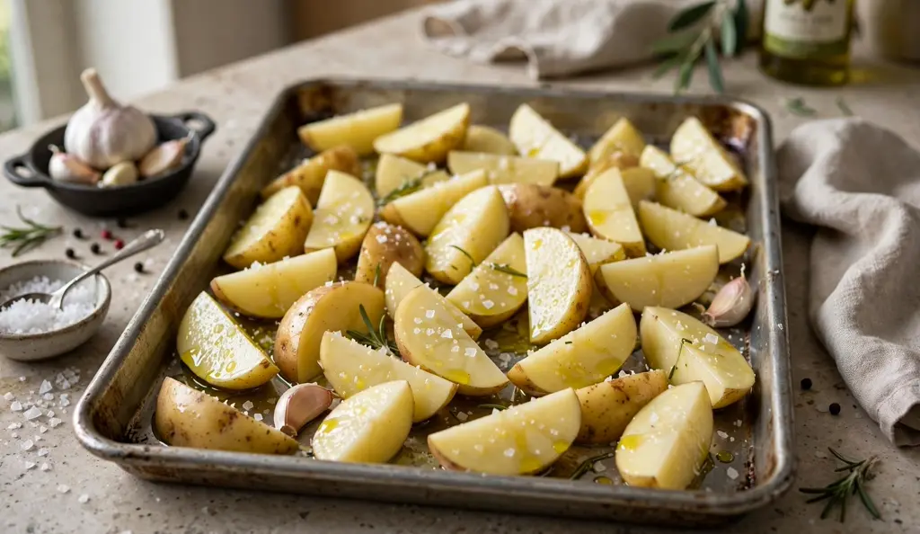 Raw potato wedges tossed with oil and salt on a baking tray before cooking