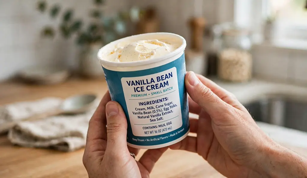 Hands reading the ingredient label on an ice cream tub