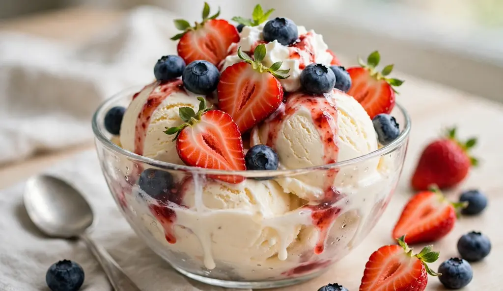 Homemade ice cream sundae topped with fresh berries