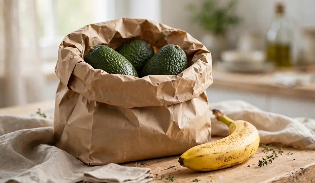 Avocados in a brown paper bag with a banana to speed ripening