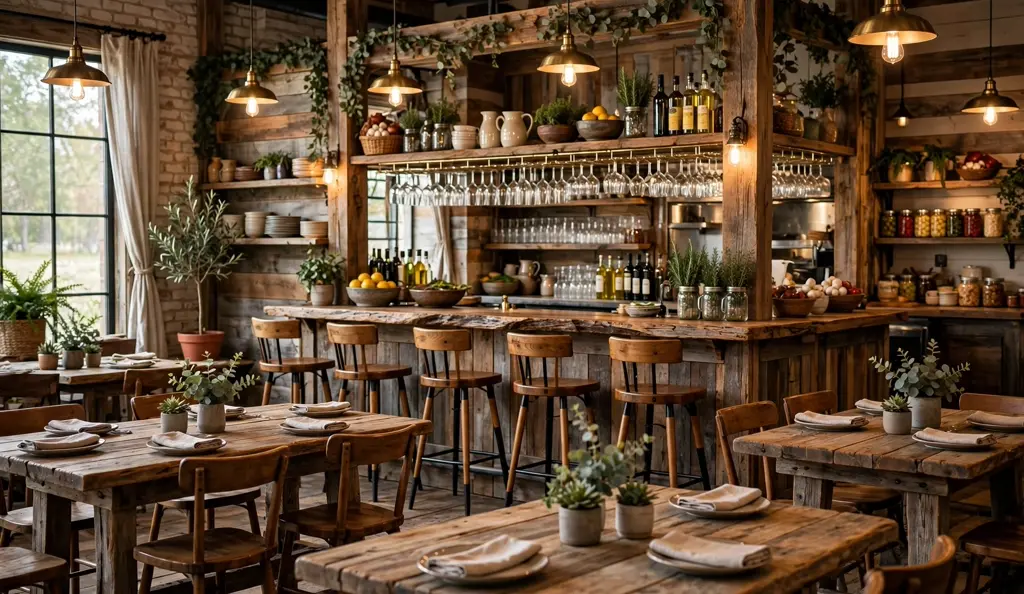 Warm farm-to-table dining room at Whiskey Cake Alliance restaurant