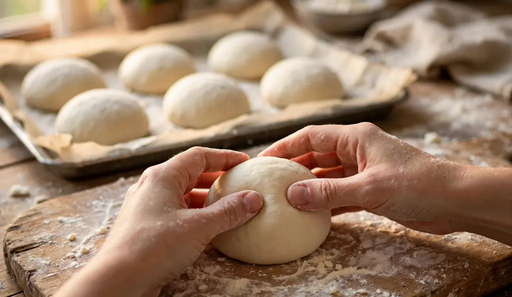 Shaping bread dough balls before freezing them.