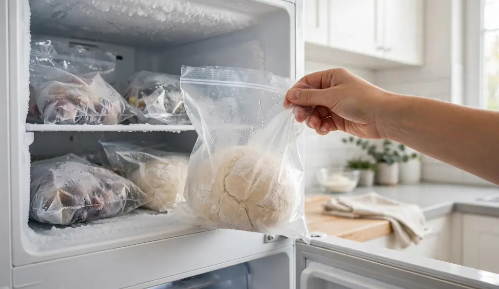 Taking wrapped bread dough out of the freezer.