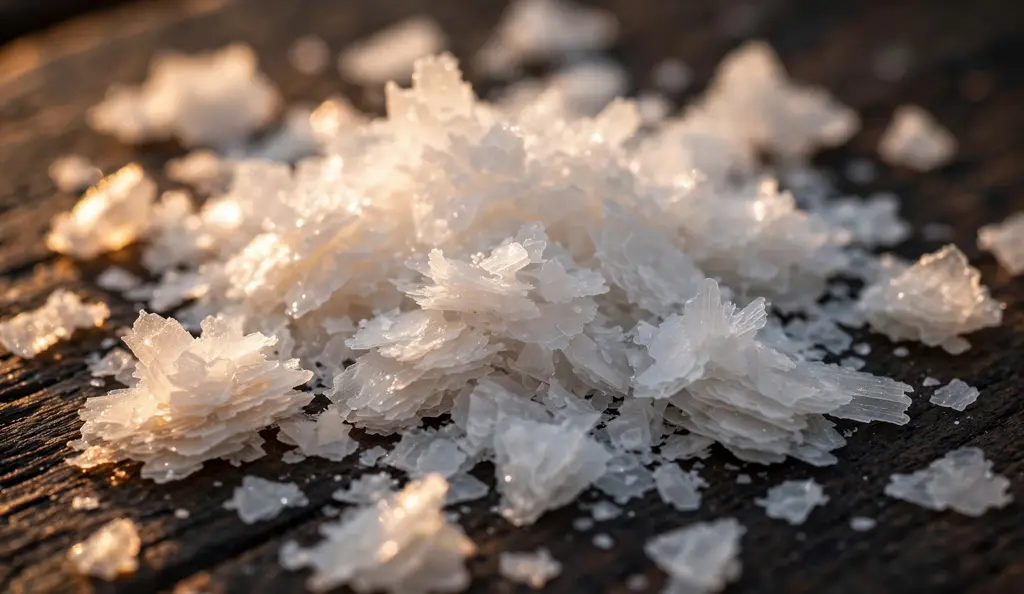Flaky sea salt crystals close up.