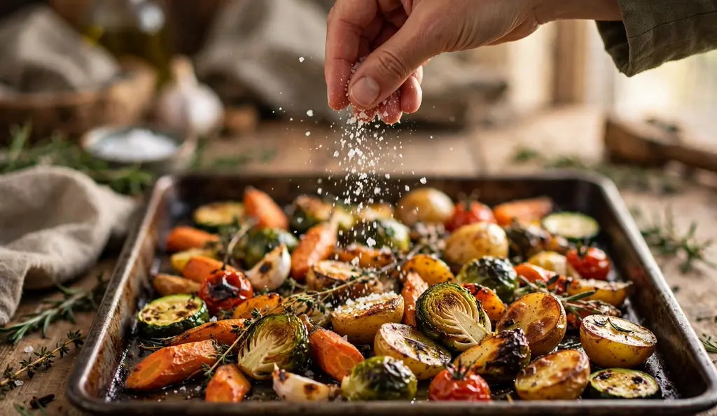 Sprinkling sea salt over roasted vegetables.