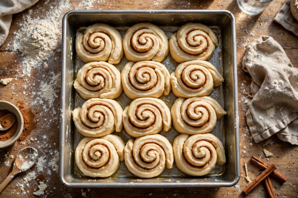 Gluten free cinnamon roll dough rising in a baking pan