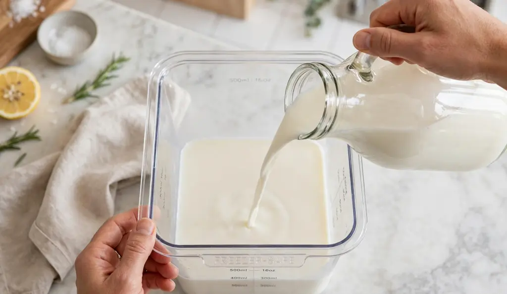 Pouring milk into a freezer-safe container with headspace when you freeze milk.