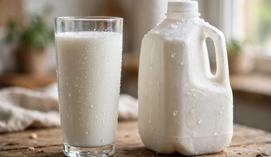 Glass of thawed milk showing can you freeze milk and drink it safely.
