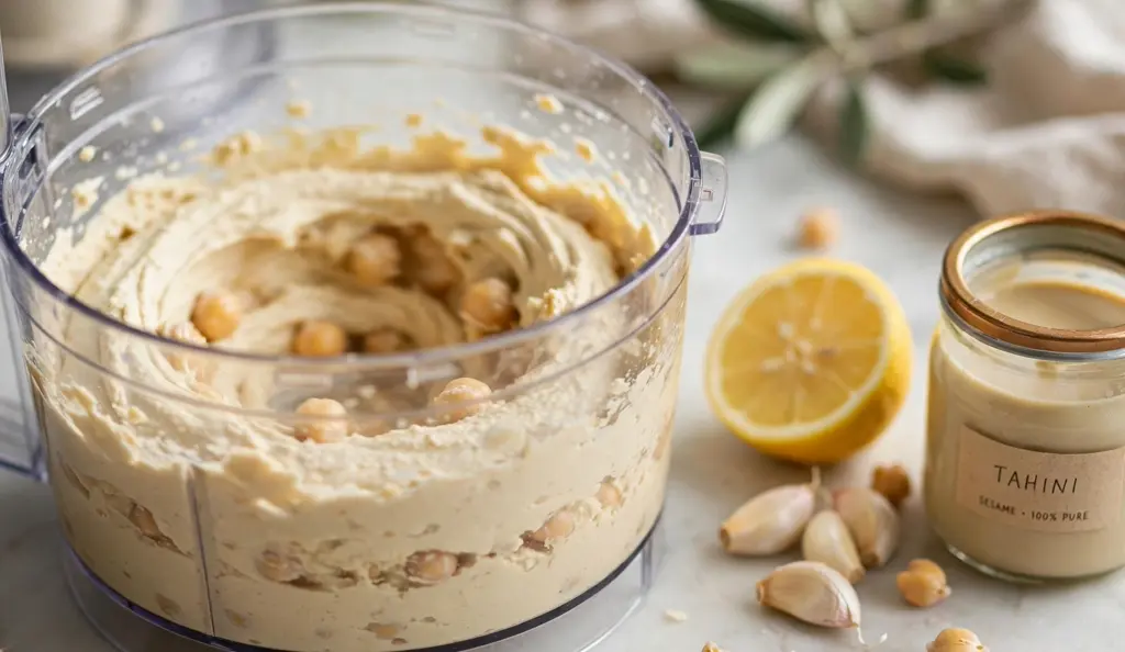 Food processor blending chickpeas, tahini, and lemon to show how to make hummus at home.