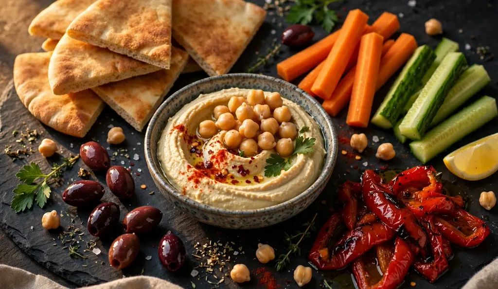Hummus served with pita, vegetables, and olives as a gluten-free appetizer spread.