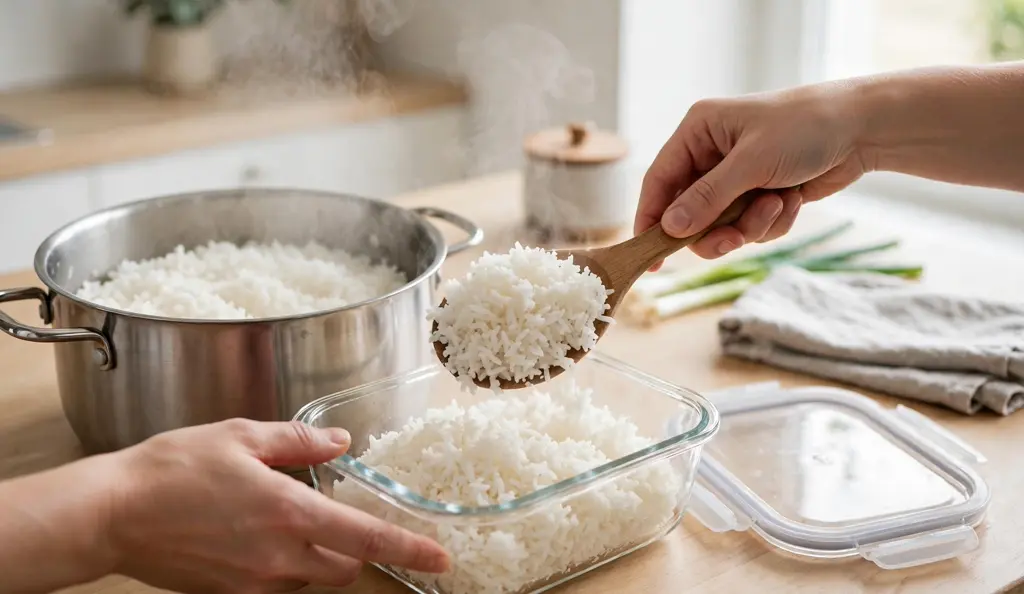 Storing cooked rice in containers Cooked rice portioned into a glass container: proper storage decides how long cooked rice lasts in the fridge