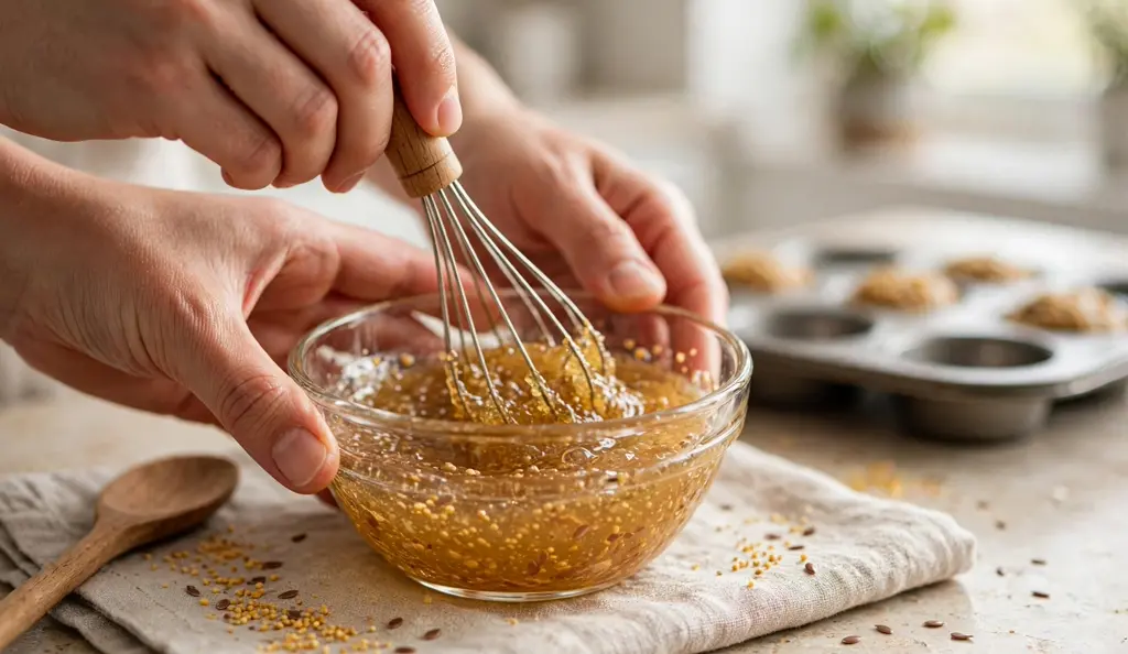 Hands whisking a flax egg, one of the best egg substitutes for baking muffins and quick breads