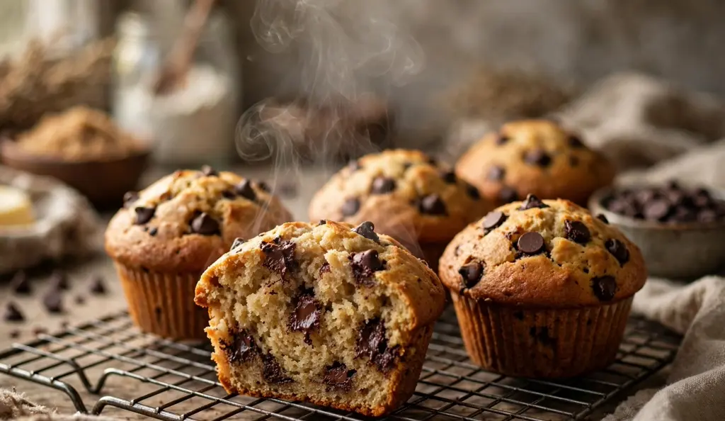 Sliced chocolate muffins with moist crumb baked with egg substitutes instead of eggs