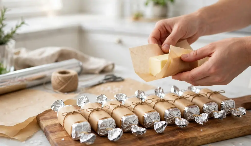 Individually wrapped butter sticks with date labels, portioned to freeze for later use.