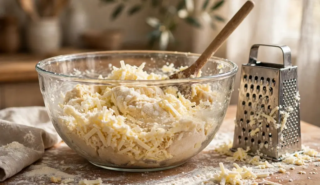 Grated frozen butter being folded into biscuit dough in a mixing bowl.