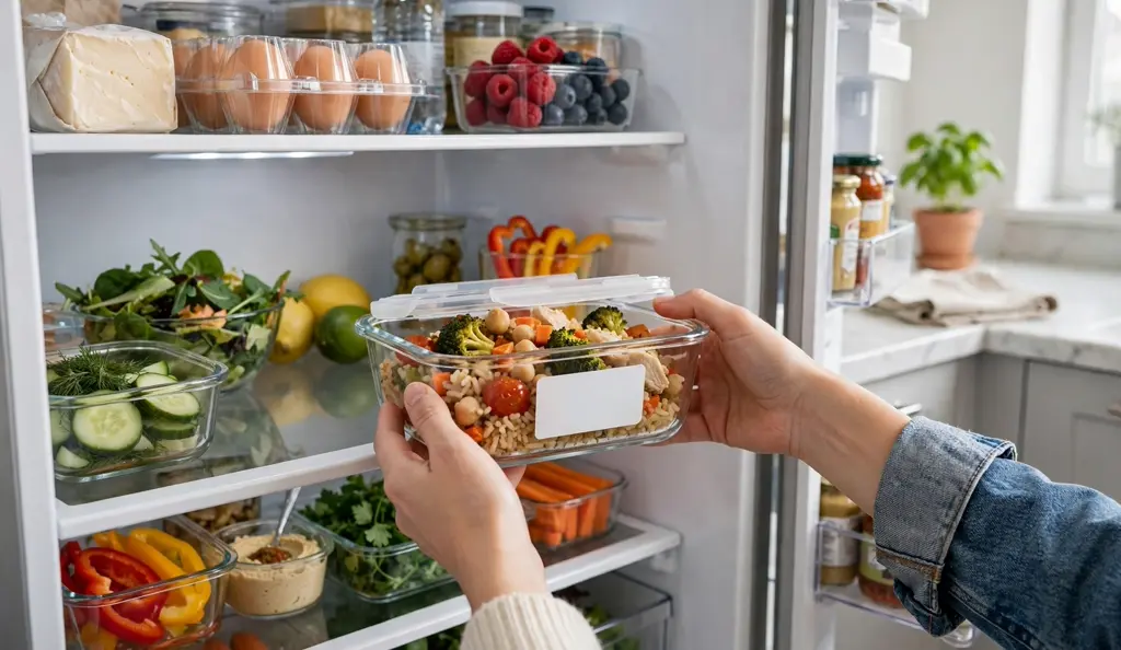 Storing leftovers in the fridge Glass container of labeled leftovers being placed in the fridge, following how long do leftovers last in the fridge rules
