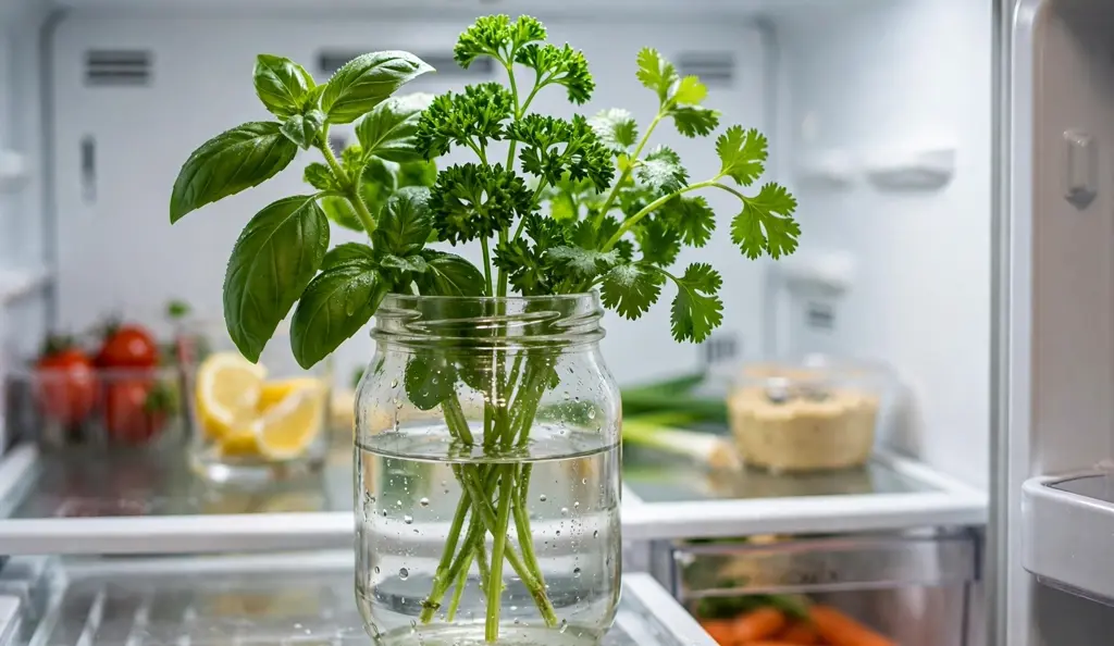 Fresh basil, parsley and cilantro standing in a jar of water inside a refrigerator, the jar method to store fresh herbs longer