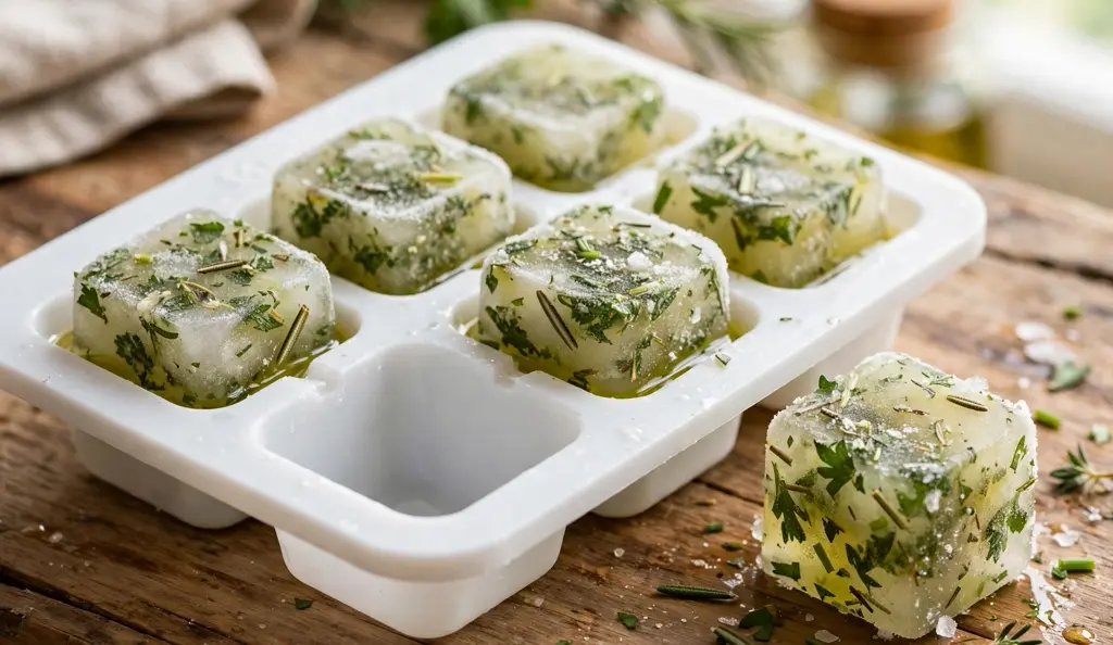 Chopped fresh herbs frozen in olive oil in an ice cube tray, a long-term way to store fresh herbs for cooking