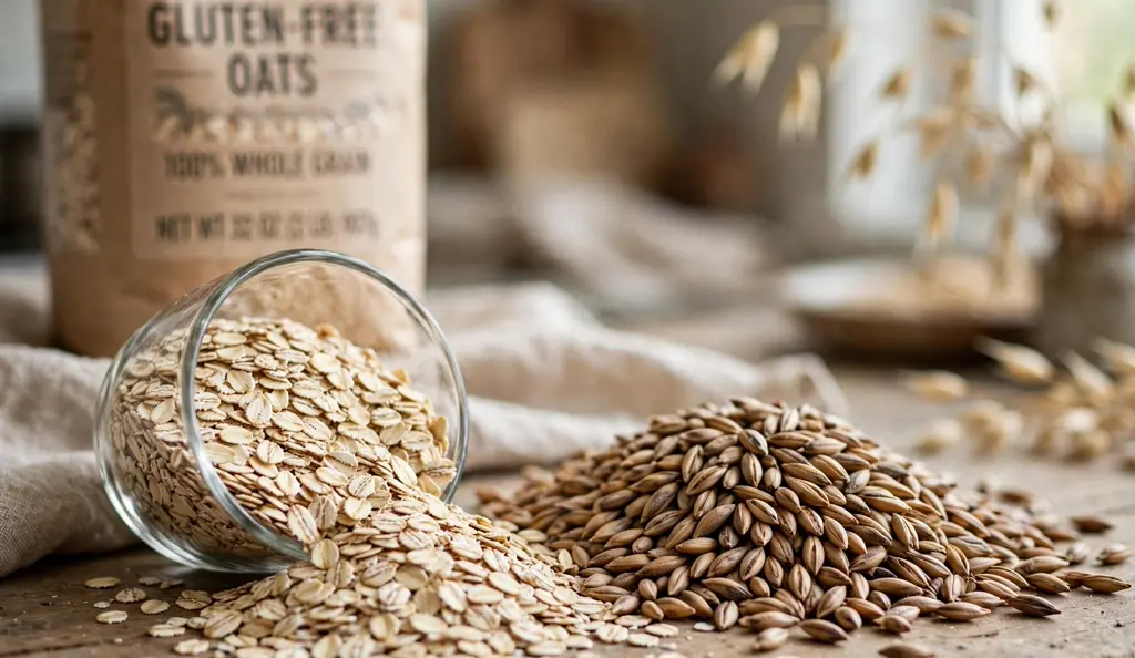 Rolled oats spilling from a bowl beside a certified gluten-free oats package, the safe answer to is oatmeal gluten free