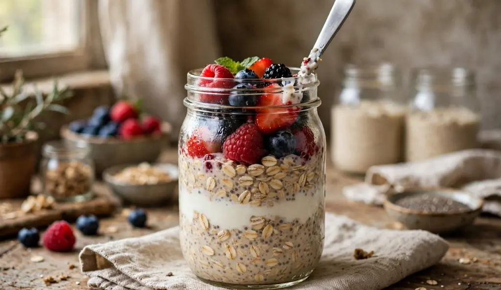 Overnight oats with yogurt and berries in a mason jar, made with certified gluten-free oats