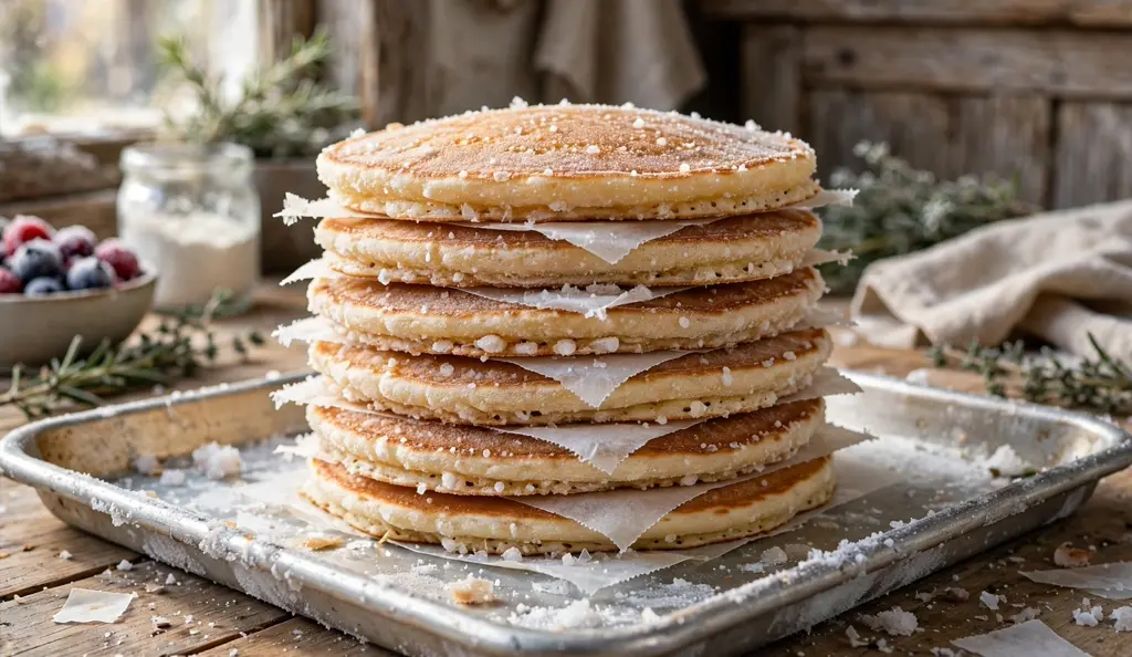 Pancakes flash-frozen in a single layer with parchment paper between each one on a baking sheet, the best way to freeze pancakes