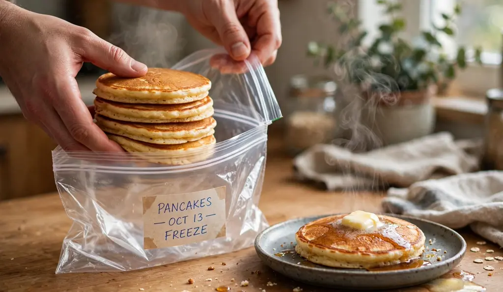 Hands sliding a stack of frozen pancakes into a labeled freezer bag for long-term freezer storage