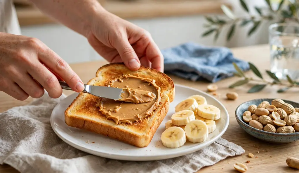 Spreading creamy peanut butter on toast with banana slices, a safe gluten-free breakfast when the label checks out