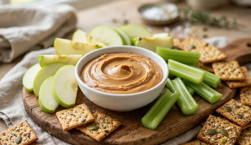 Peanut butter dip with apple slices and gluten-free crackers