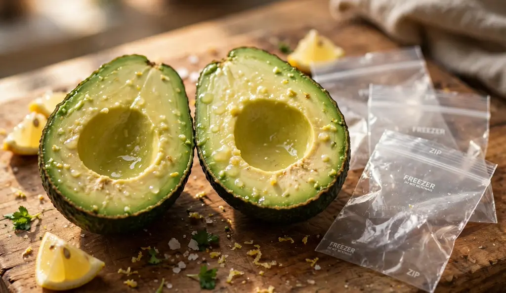 Avocado halves prepped to freeze with lemon juice to prevent browning, the first step when you freeze avocado