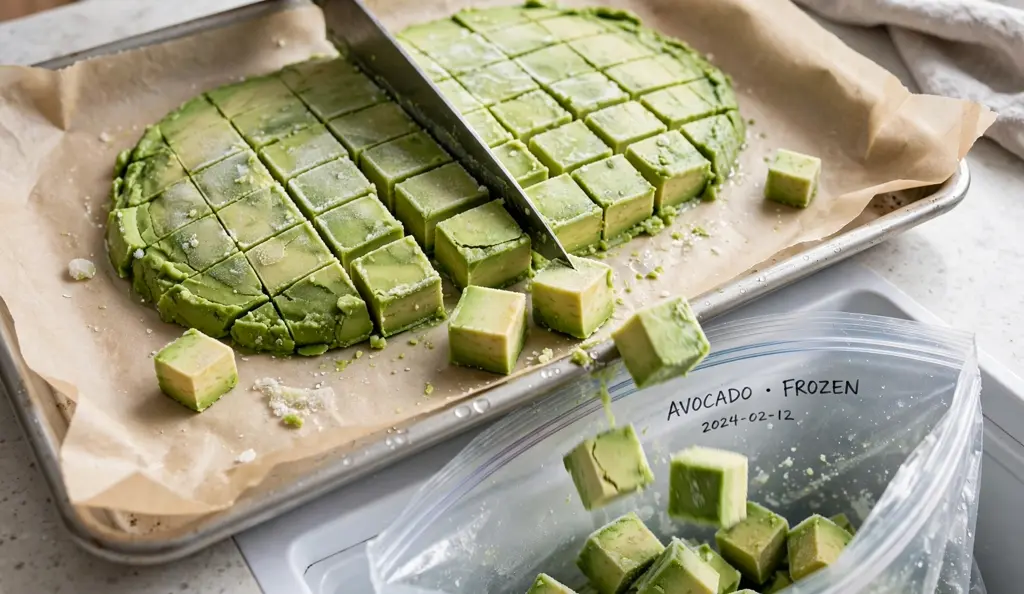 Frozen avocado slab cut into portions, the easiest way to freeze avocado in bulk