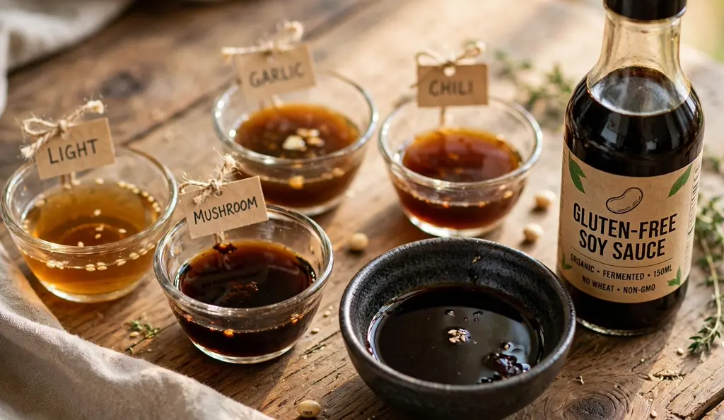 Small dishes of different soy sauce types with labeled gluten free tamari, answering is soy sauce gluten free