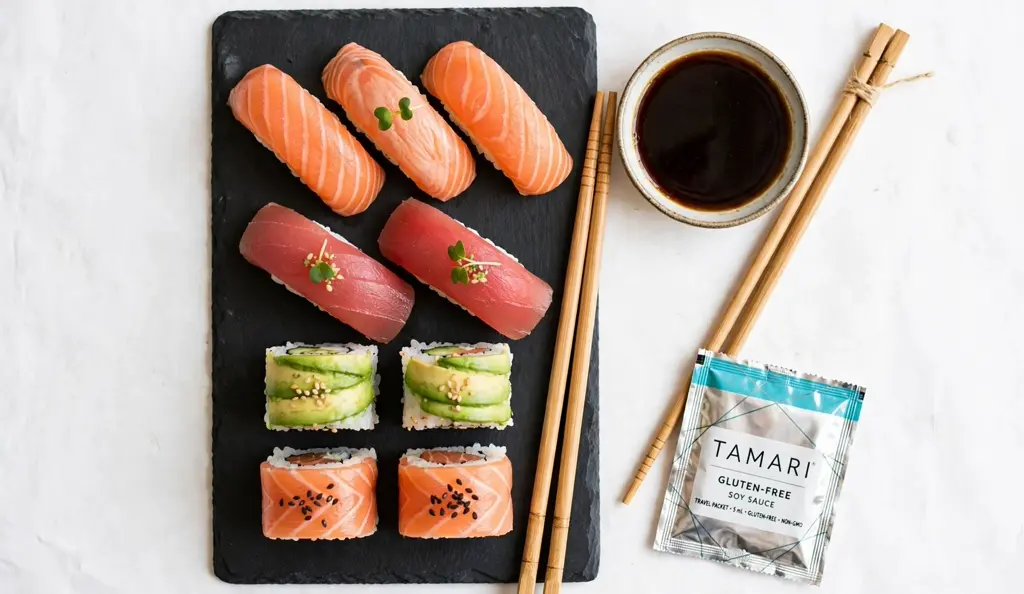 Sushi platter with gluten free tamari dipping sauce, the safe choice when asking is soy sauce gluten free