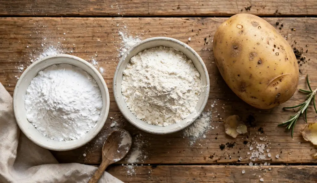 Potato starch and potato flour in bowls with a whole potato