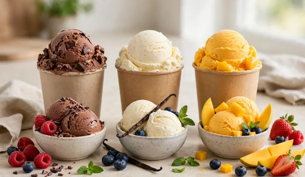 Healthy ice cream pints and scoops in different flavors
