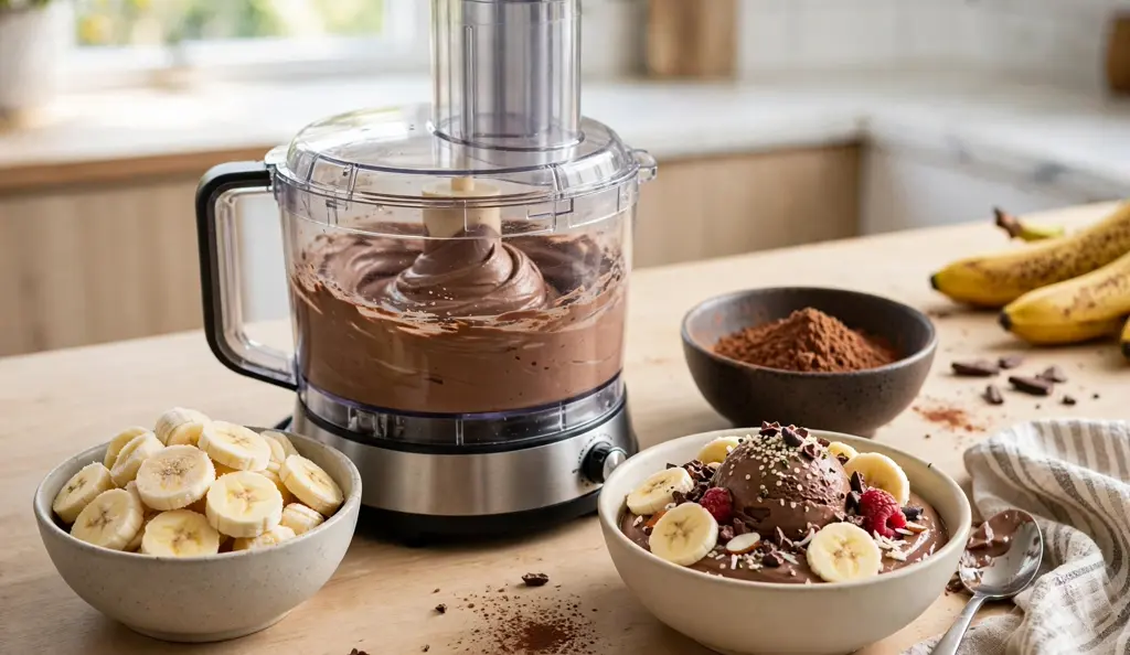 Blending homemade banana nice cream in a food processor