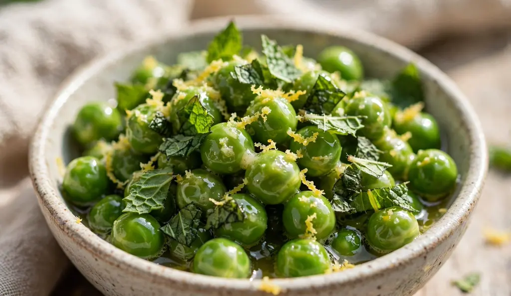 Close-up of minted greens: buttery peas with fresh mint leaves and lemon zest