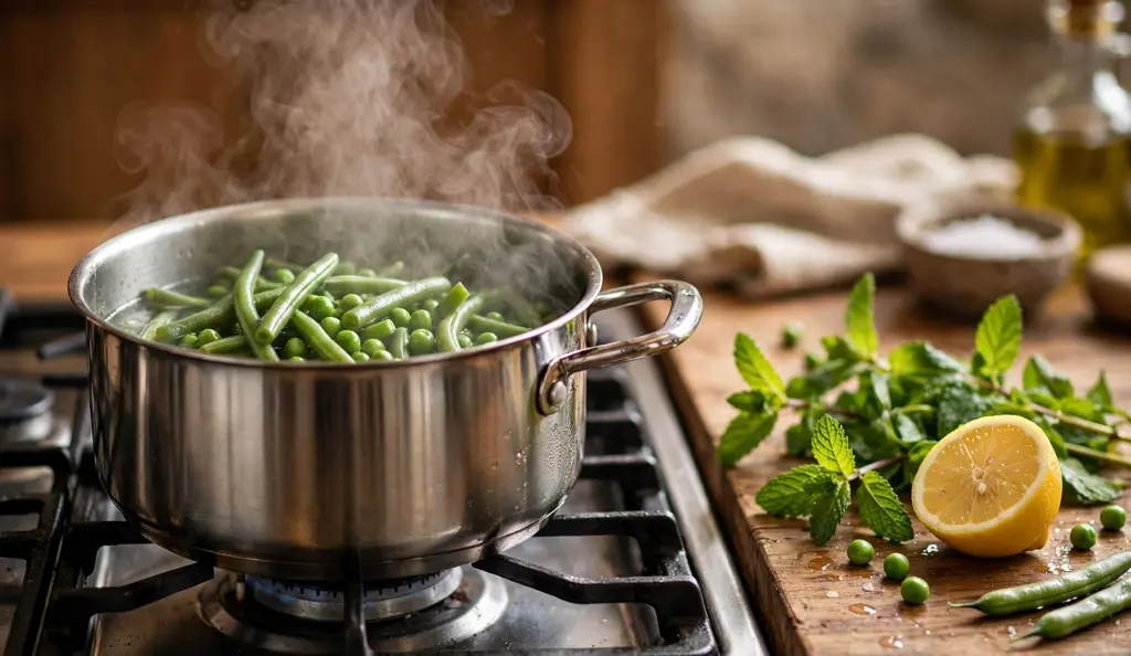 Green beans and peas steaming in a pot for minted greens, with fresh mint on the side