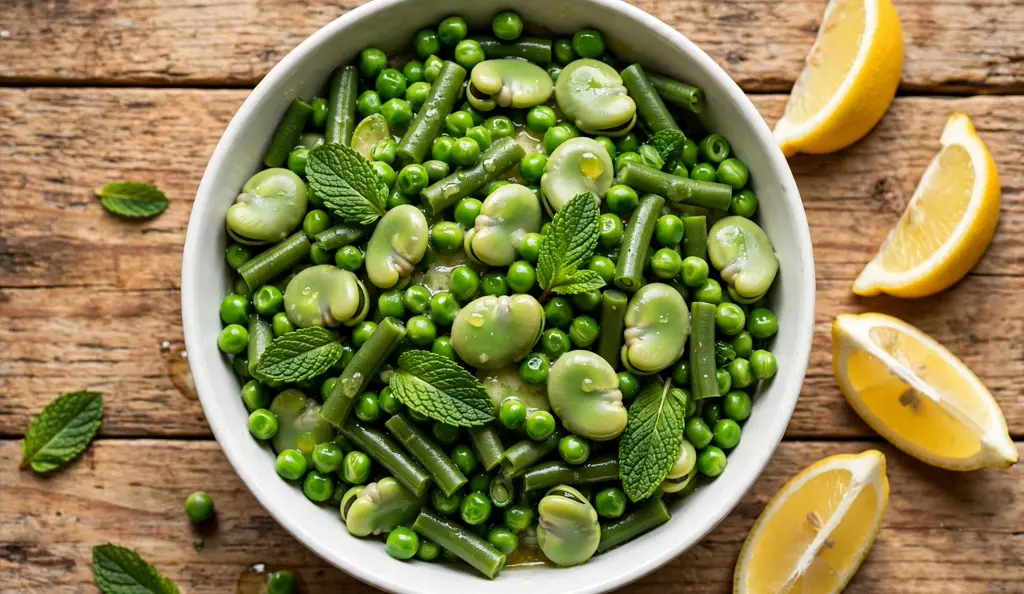 Bowl of minted greens with peas, green beans, fresh mint and lemon