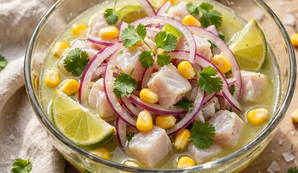 Close-up of fresh ceviche, one of the easy Peruvian recipes at home, in a glass bowl with lime and red onion