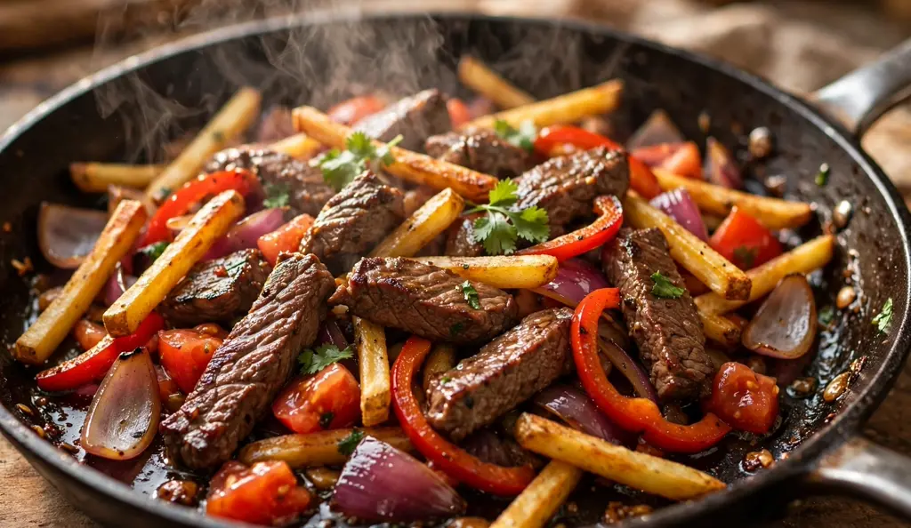 Lomo saltado sizzling in a pan, an easy Peruvian recipe at home made gluten free with tamari